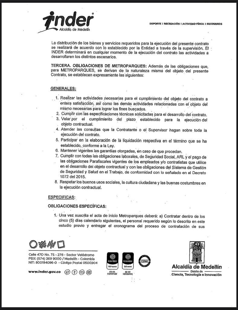 Contrato Inder/Metroparques para mantenimiento de escenarios deportivos y recreativos
