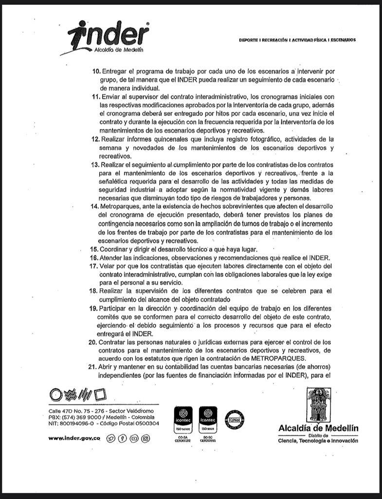 Contrato Inder/Metroparques para mantenimiento de escenarios deportivos y recreativos