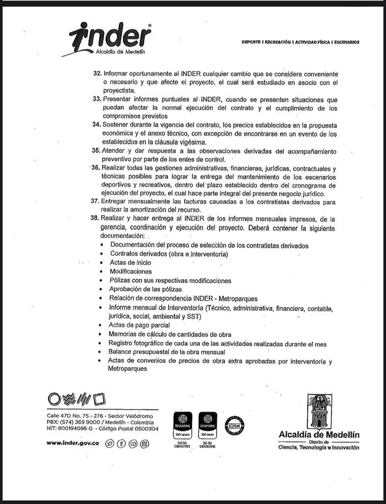 Contrato Inder/Metroparques para mantenimiento de escenarios deportivos y recreativos