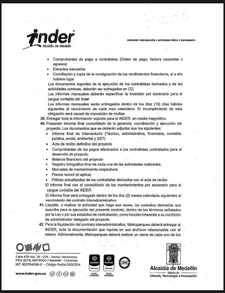 Contrato Inder/Metroparques para mantenimiento de escenarios deportivos y recreativos