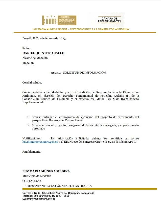 Carta enviada al alcalde Daniel Quintero
