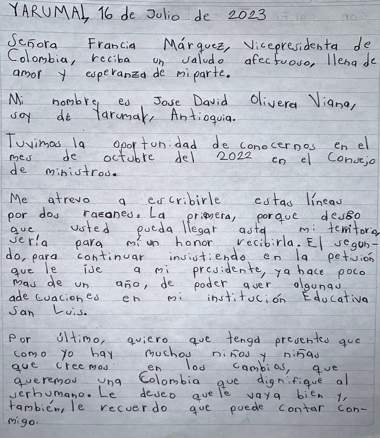 Carta Menor - Jose David Olivera, Yarumal - Antioquia
