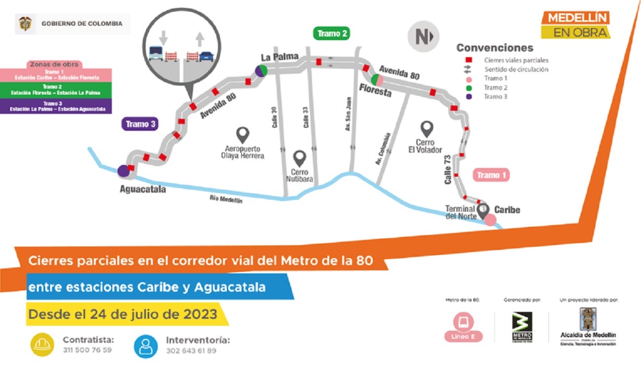 Plano de los cierres viales por obras del Metro de la 80