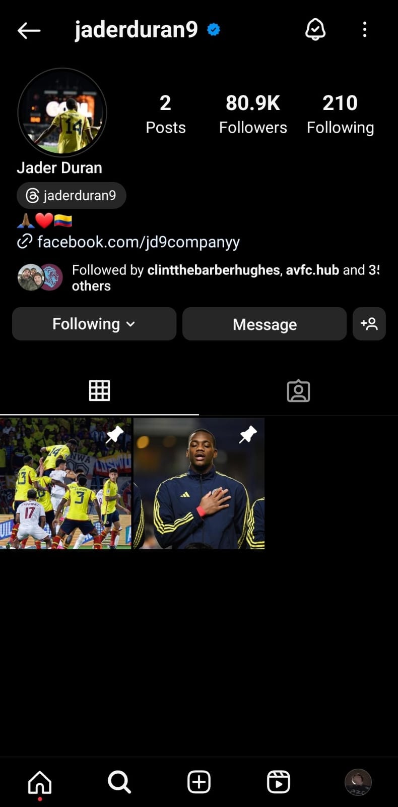 Perfil de Jhon Jader Durán en Instagram