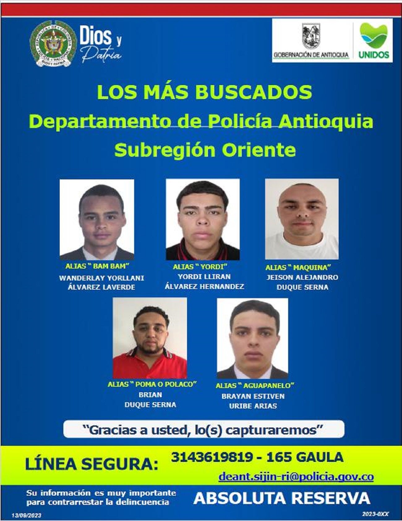 Cartel de los más buscados en el Oriente antioqueño
