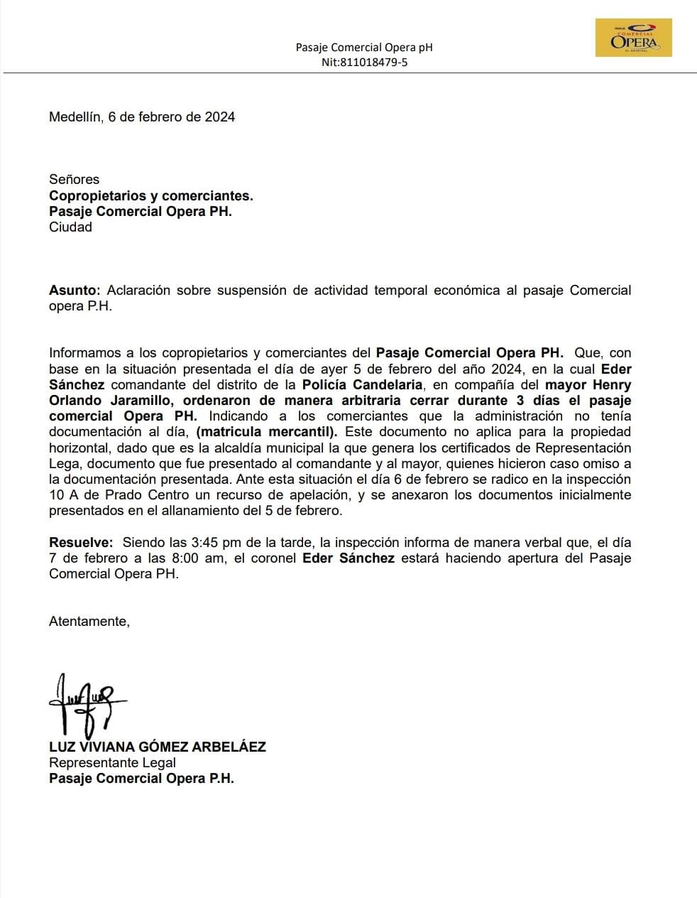 Comunicado del Centro Comercial ópera