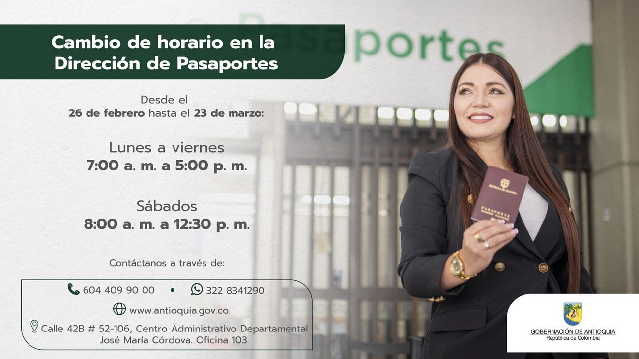 Horarios de la Oficina de Pasaportes de la Gobernación de Antioquia