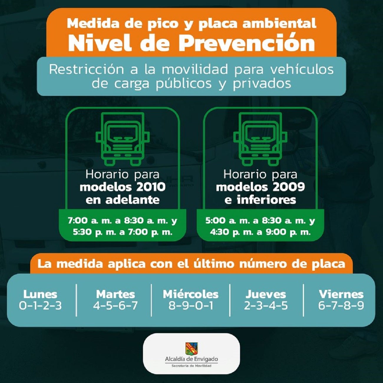 Pico y placa ambiental para vehículos de carga en Envigado