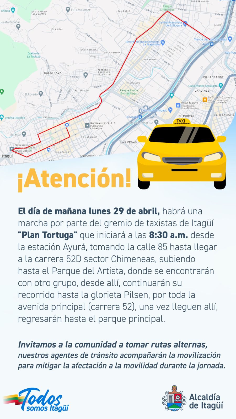 Plan tortuga de taxistas en Itagüí