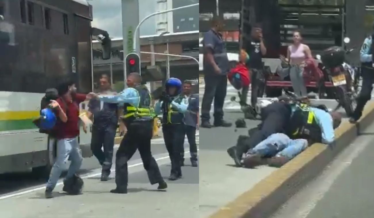 Riña entre motociclista y agente de tránsito de Medellín