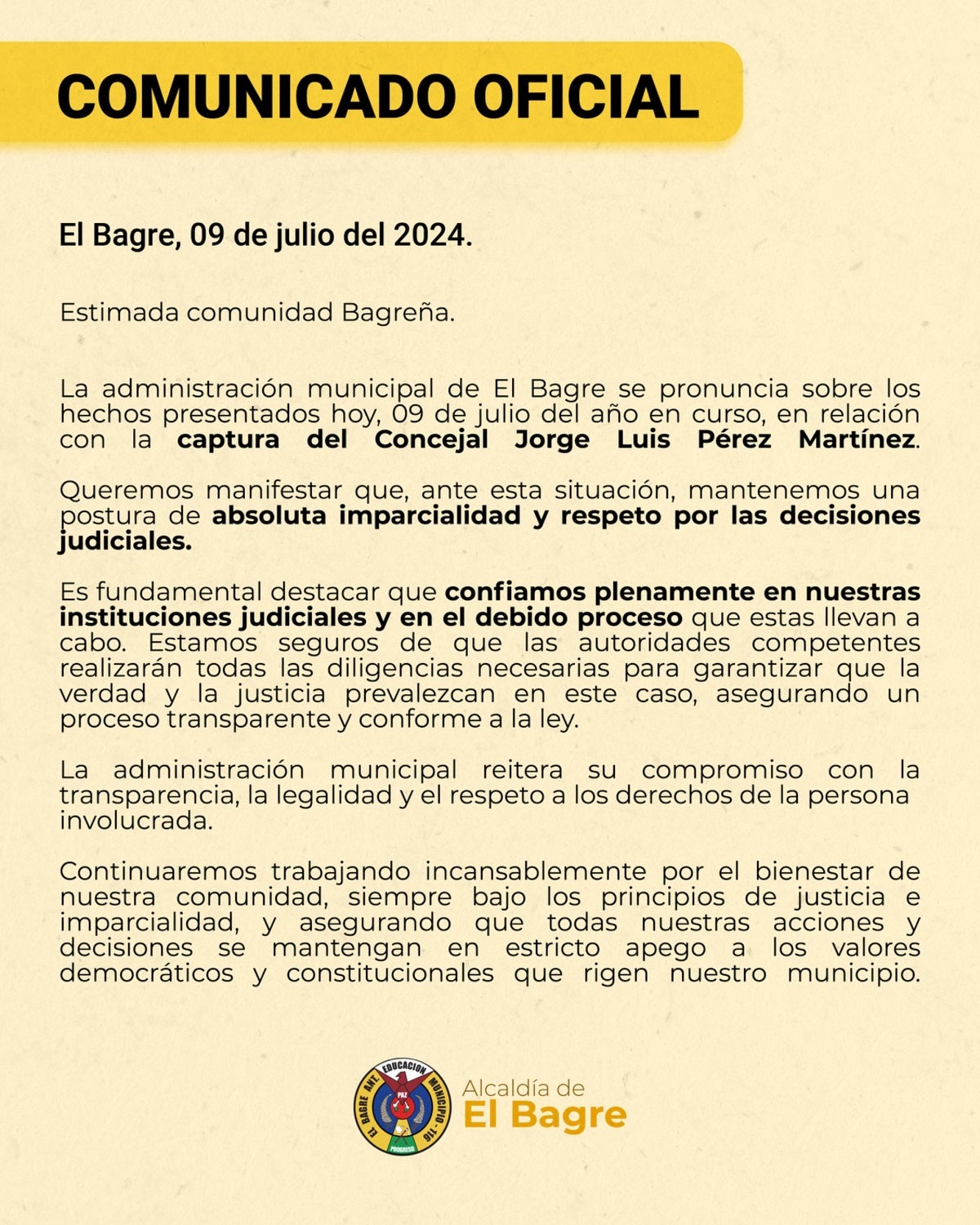 Pronunciamiento Alcaldía de El Bagre, Antioquia