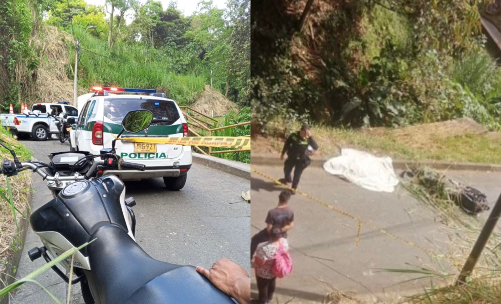 Moto sin frenos se precipitó por un barranco en Itagüí: Una mujer muerta y un herido de gravedad
