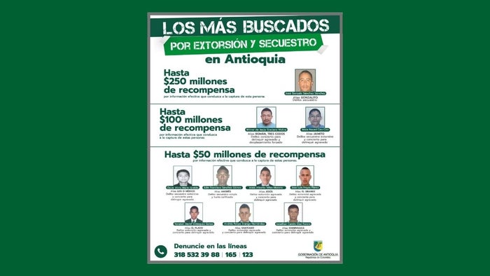 Cartel de los mas buscados por extorsión y secuestro en Antioquia