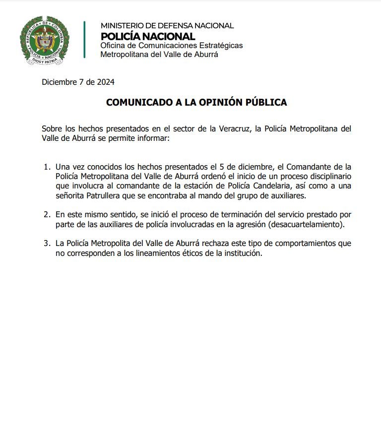 Comunicado de la policía por agresión a una mujer en Medellín