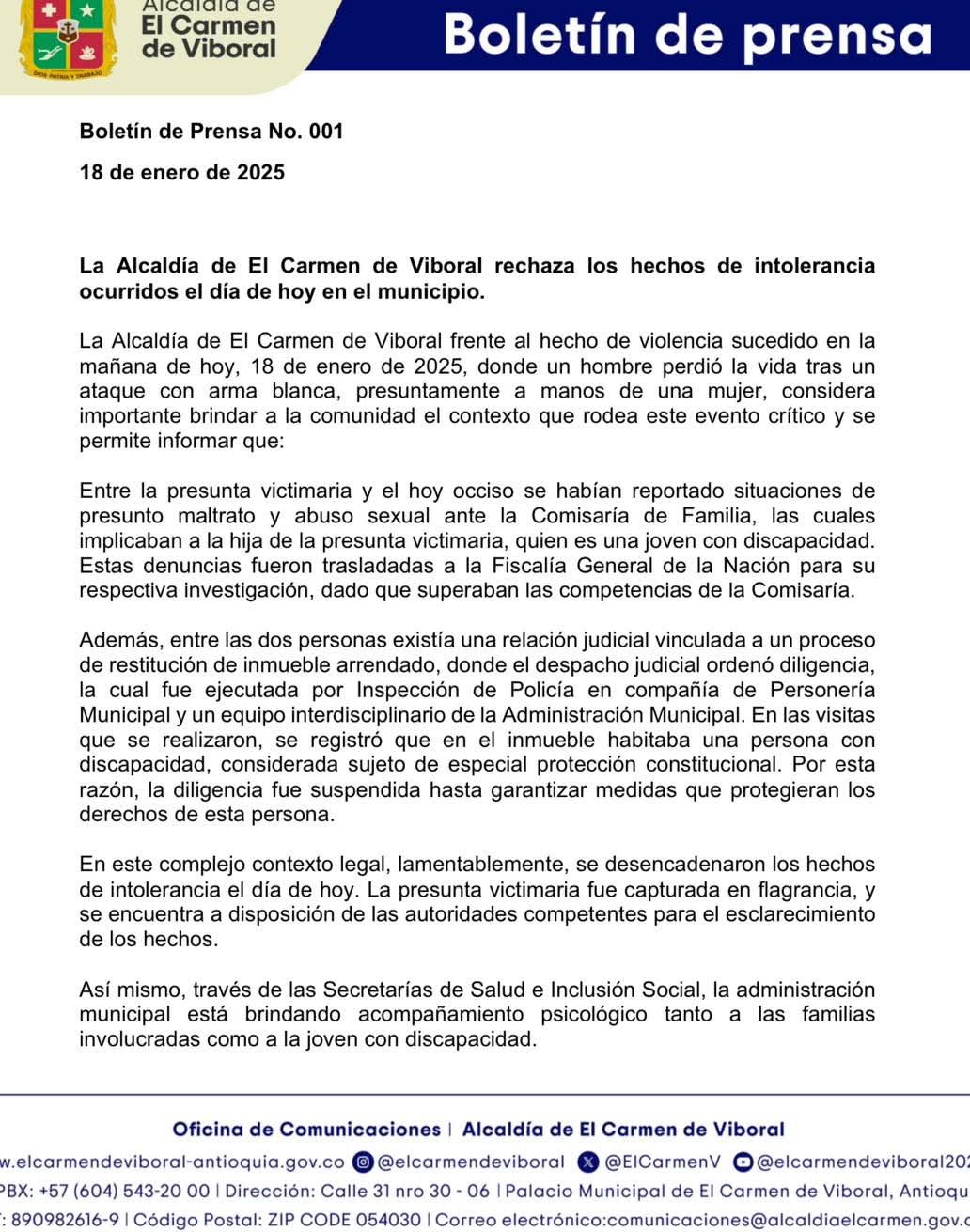 Comunicado de la alcaldía de Medellín
