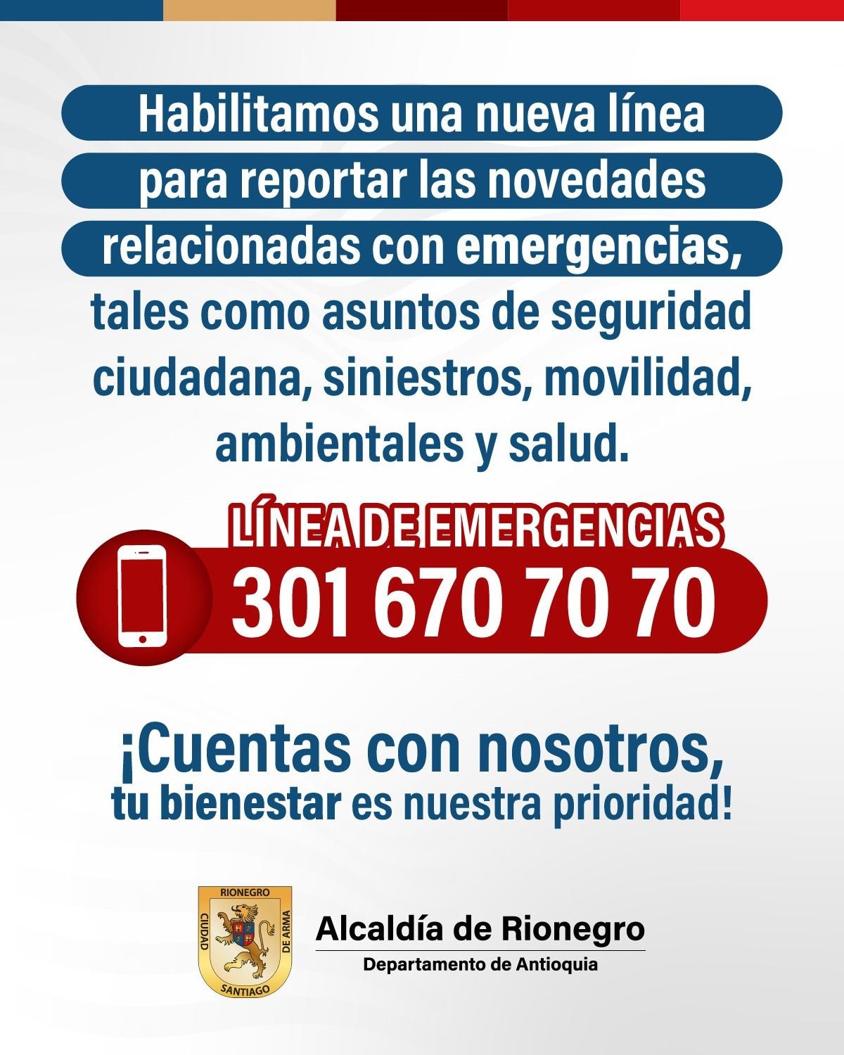 3016707070 la nueva línea de emergencias que Rionegro habilitó para los ciudadanos