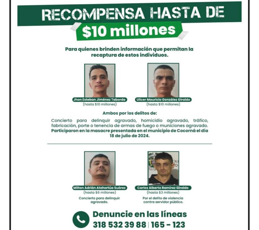 Dos fugitivos señalados de perpetrar masacre en Cocorná siguen libres: Ofrecen $10 millones por su paradero