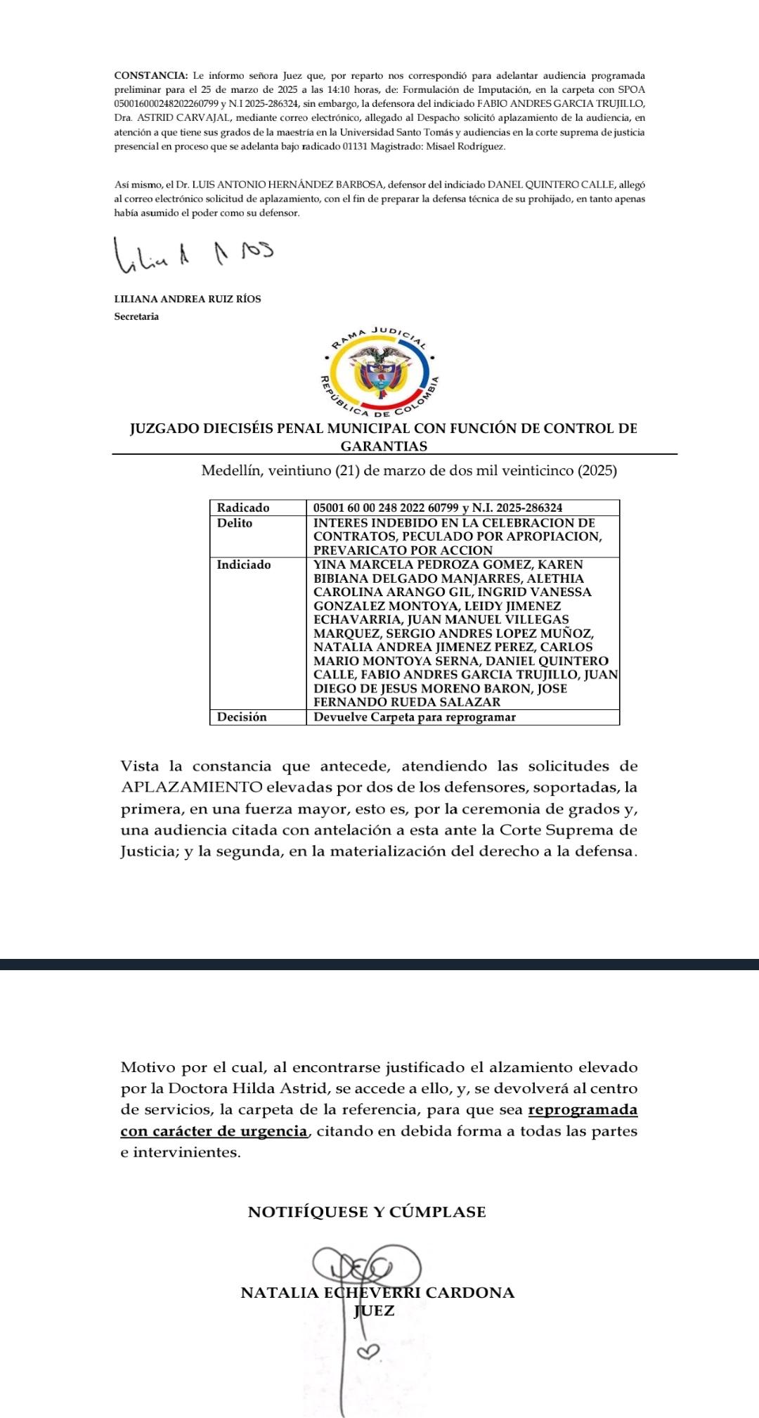 Aplazan audiencia contra Daniel Quintero