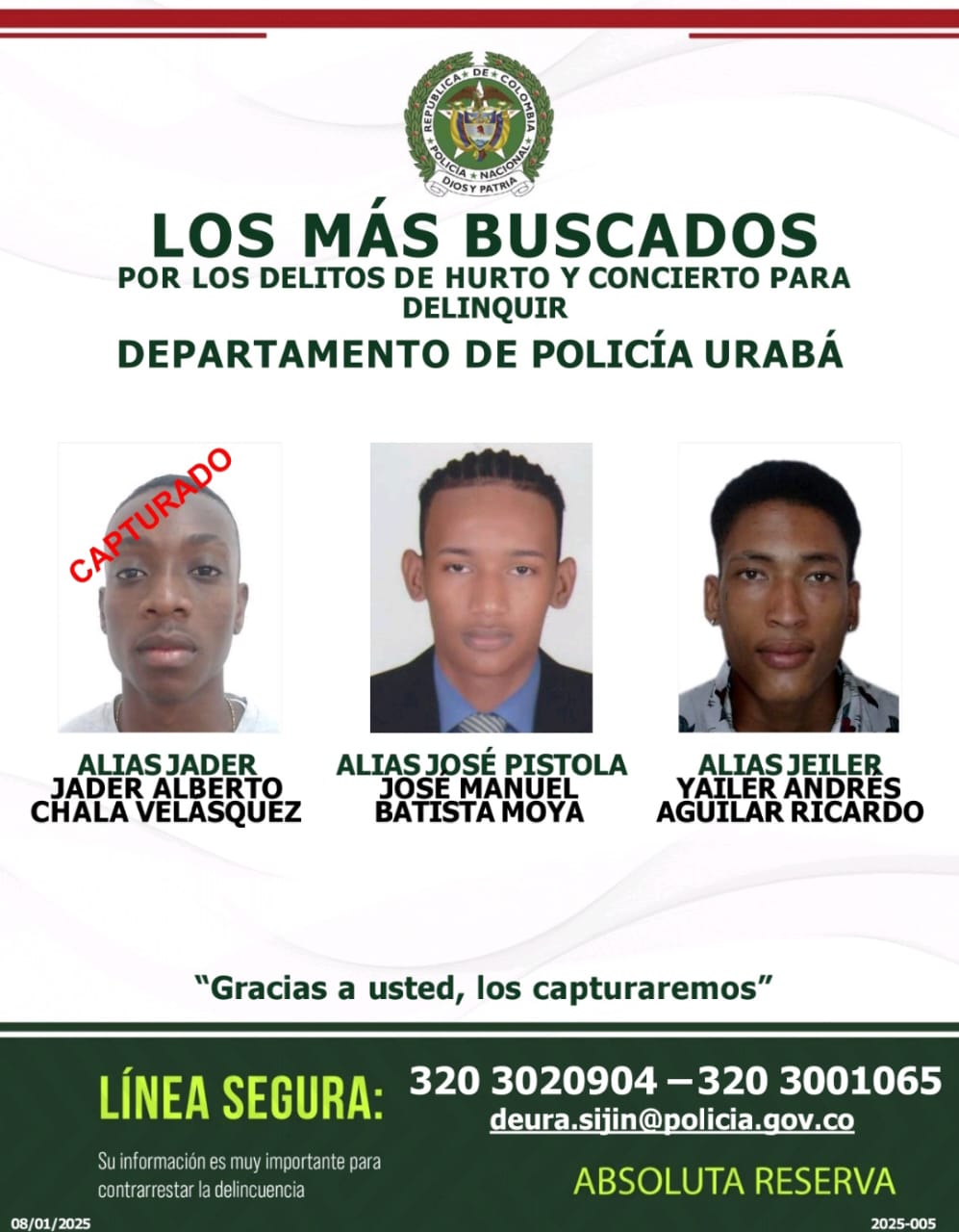 Revelan el cartel de los más buscados por homicidio y hurto en Urabá