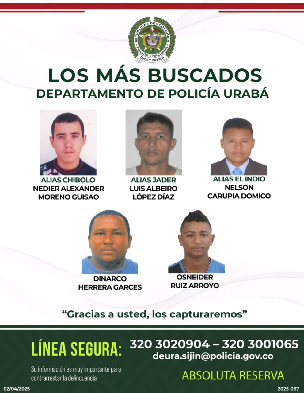 Revelan el cartel de los más buscados por homicidio y hurto en Urabá