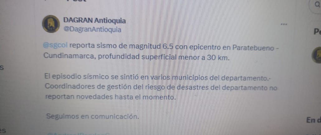Emergencia por sismo en Antioquia