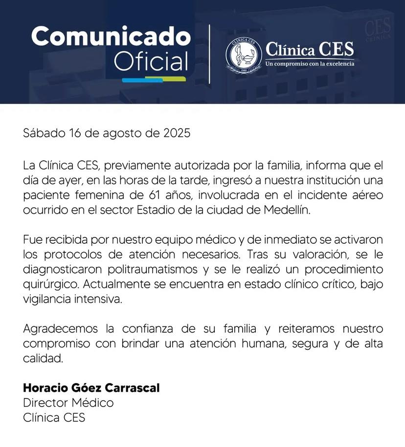 Mujer herida en caída de avioneta en Medellín permanece en estado crítico