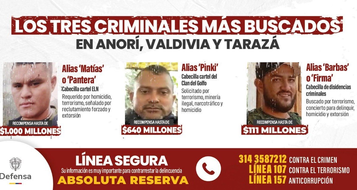 Ofrecen millonaria recompensa por cabecillas en Antioquia
