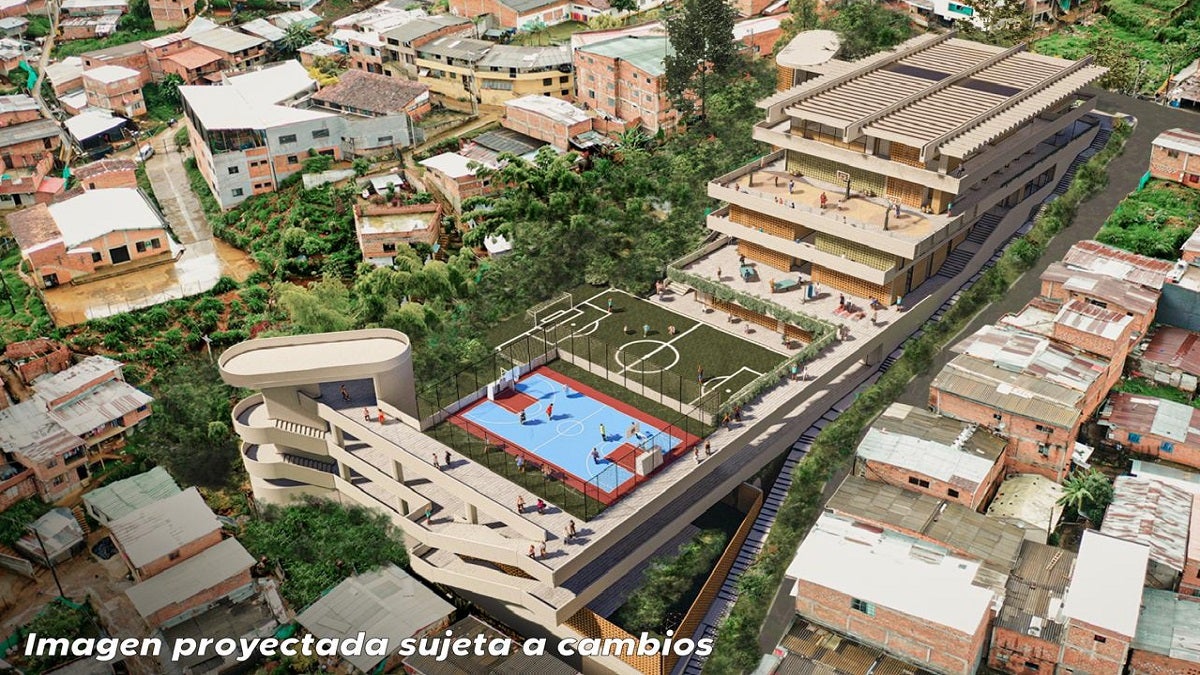 Render de la Institución Educativa Bello Oriente, megacolegio de Medellín