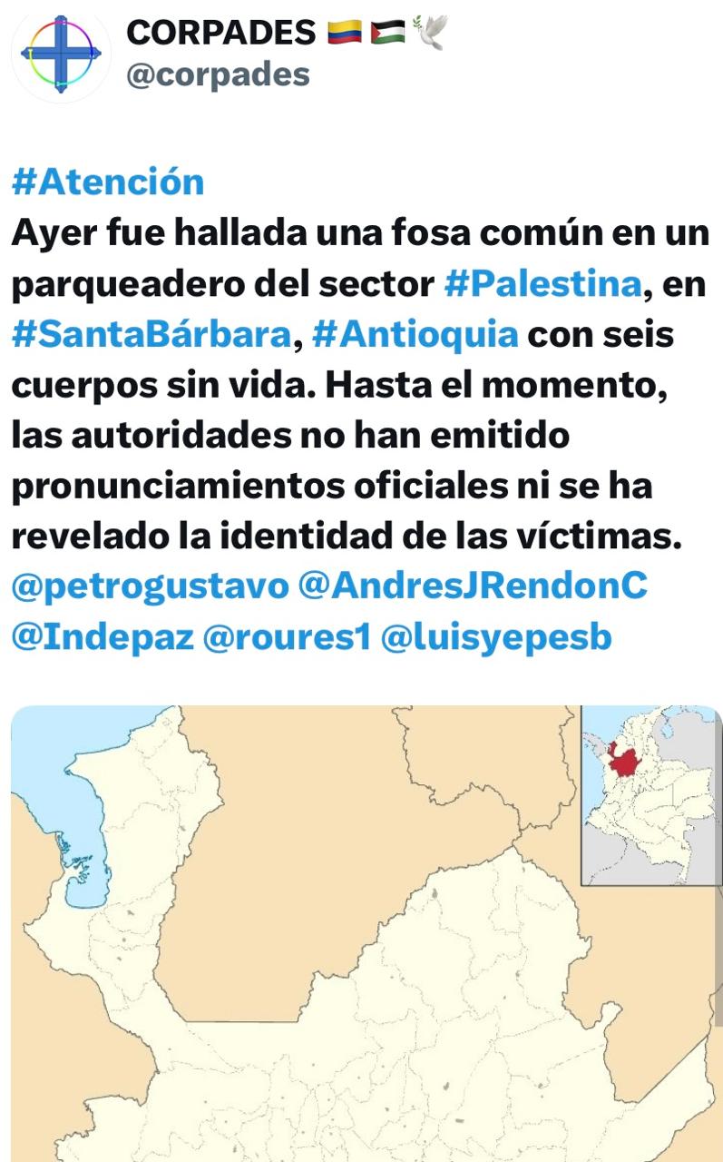 Descubren fosa común con seis cuerpos en un parqueadero de Santa Bárbara, suroeste antioqueño