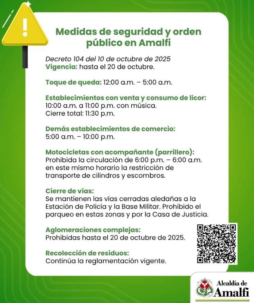 Amalfi prolonga toque de queda y restricciones por amenazas del frente 36 de las disidencias de las Farc