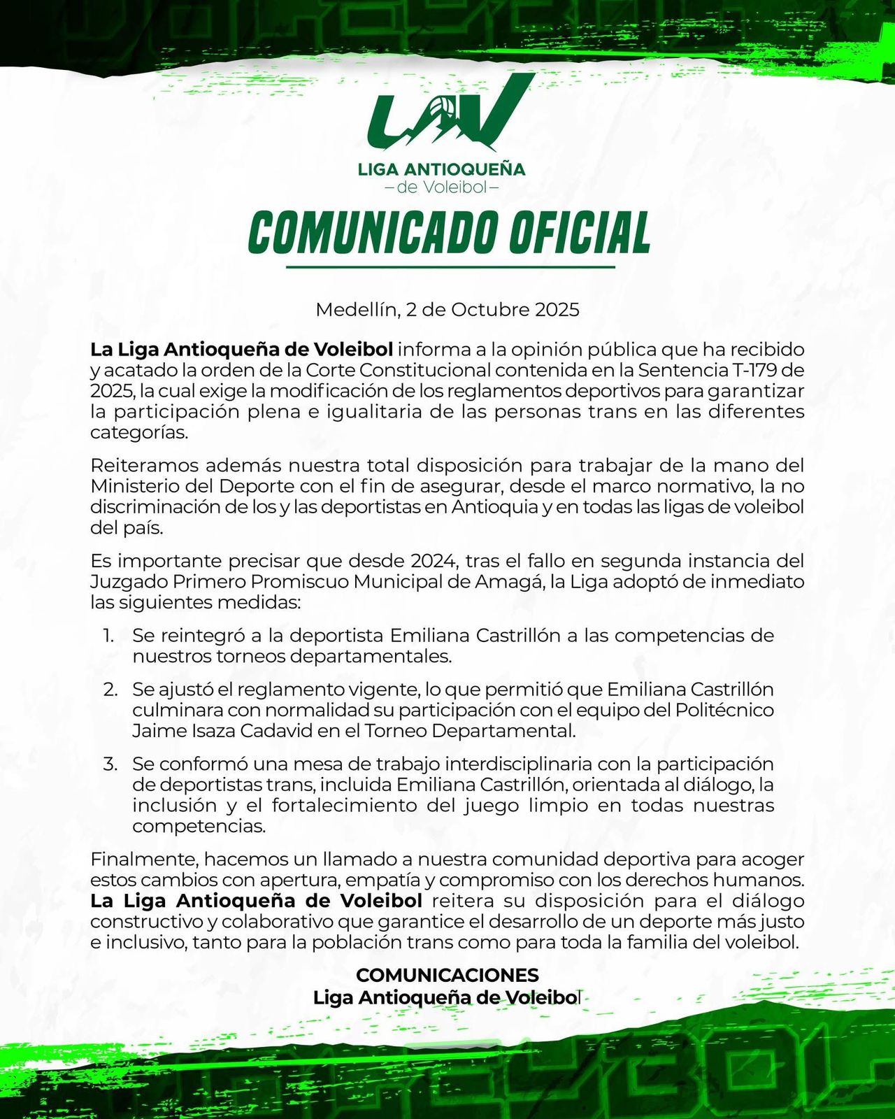 comunicado de la liga antioquena de voleibol