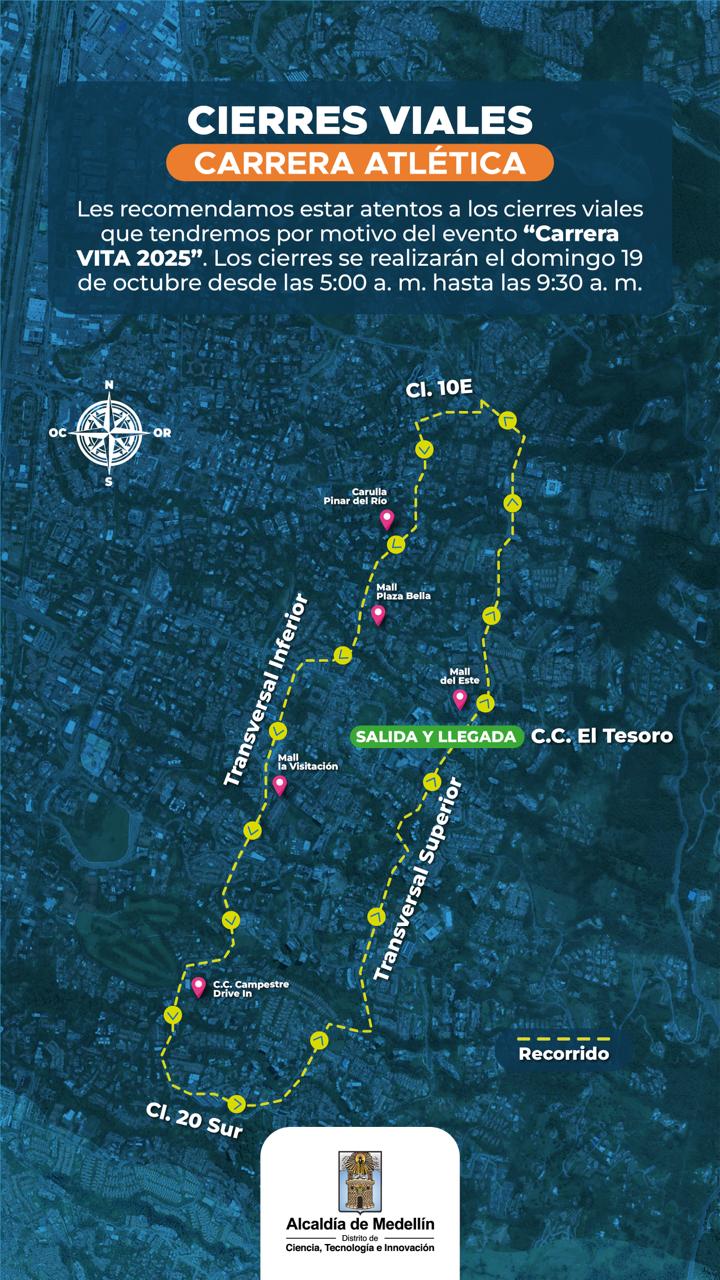 ¡Pilas pues! Anuncian cierres viales en El Poblado este domingo por carrera atlética