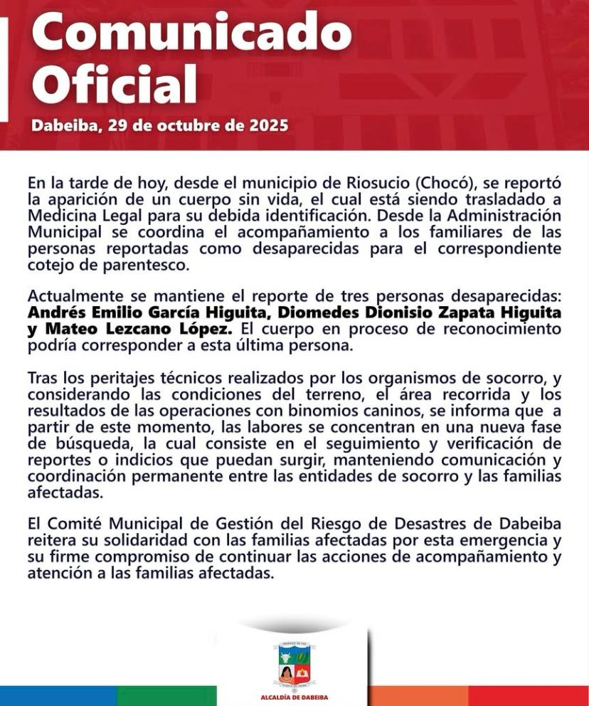 Medicina Legal coteja si cadáver hallado en Riosucio pertenece a Mateo Lezcano desaparecido tras la venida torrencial en Dabeiba