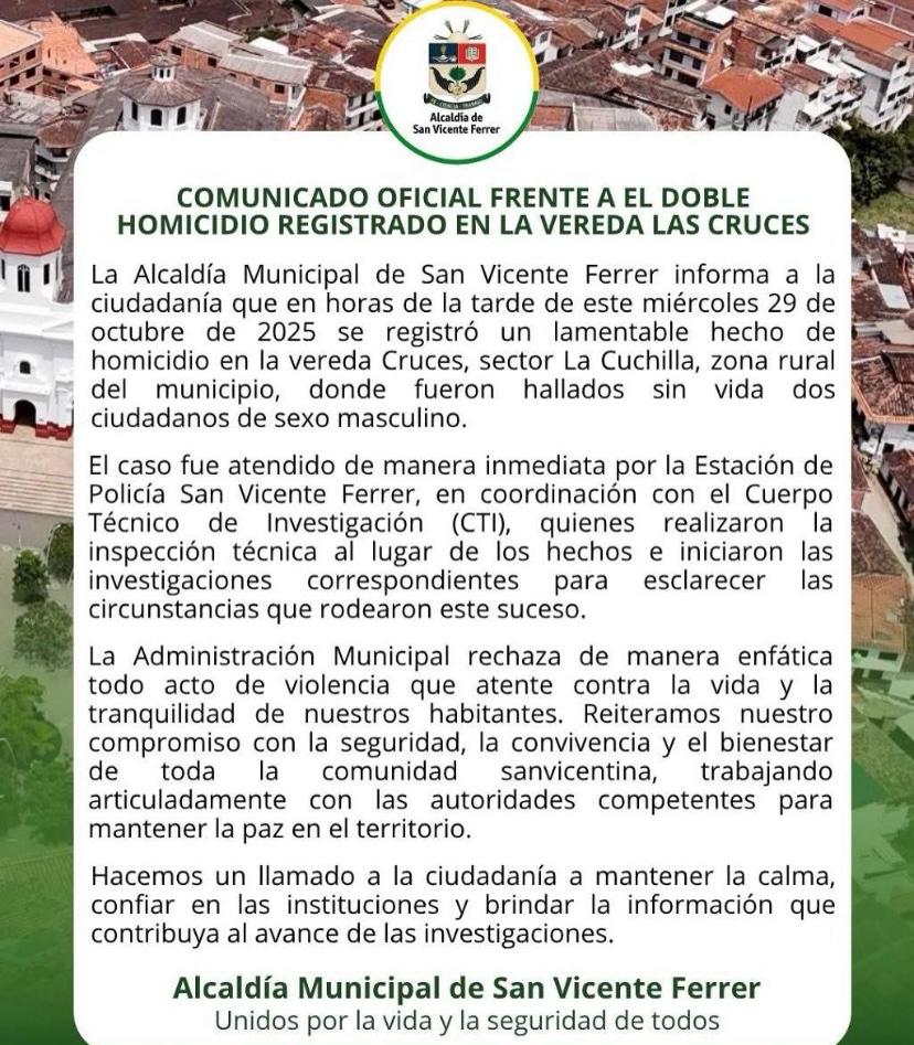 Investigan doble asesinato de hermanos en San Vicente Ferrer: los acribillaron en zona rural