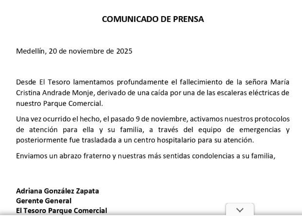 Mujer de 76 años murió tras sufrir una grave caída en una escalera eléctrica de un centro comercial de Medellín