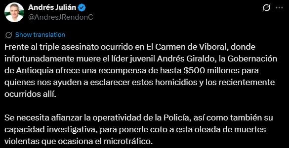 Gobernador ofrece $500 millones por información sobre masacre en El Carmen de Viboral; una de las víctimas es un líder juvenil