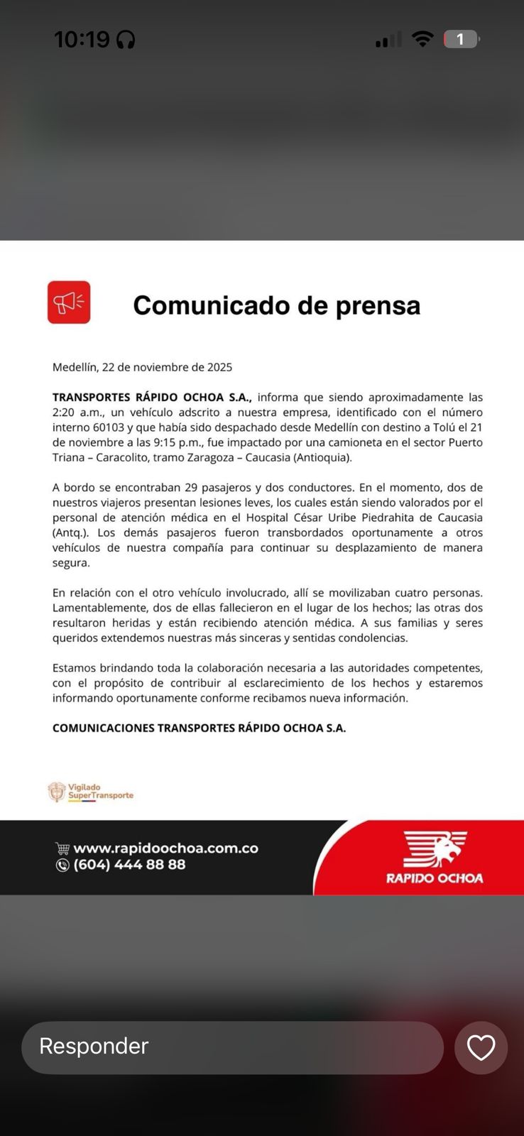 Comunicado de la empresa Rápido Ochoa