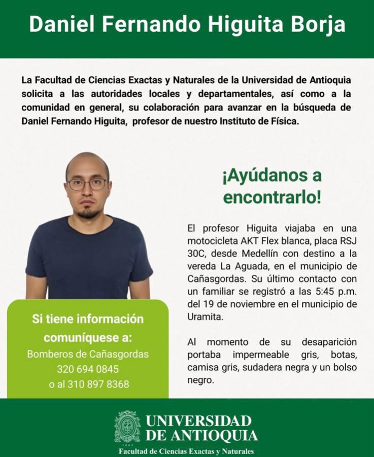 Cinco días de angustia: Encuentran pertenencias de Daniel Higuita, profesor de la universidad de Antioquia, en carretera del occidente