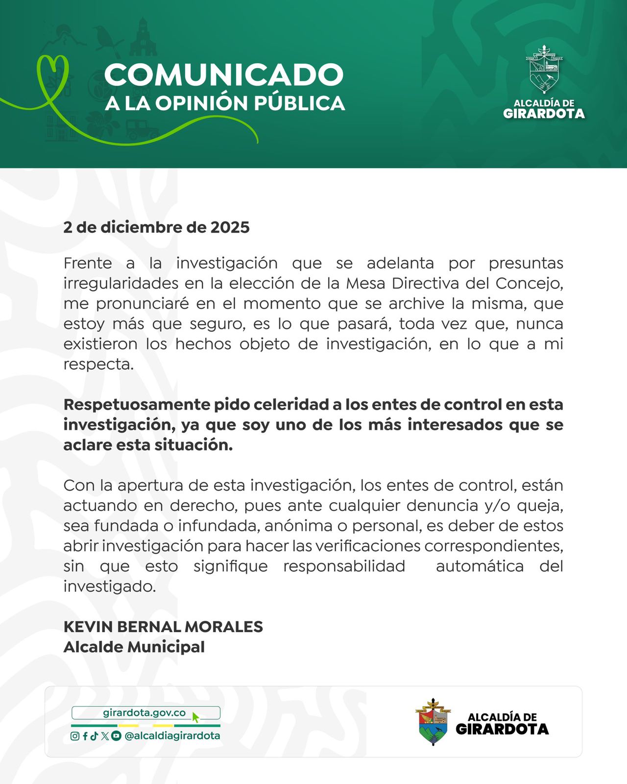 Comunicado alcalde de Girardota, sobre apertura de investigación