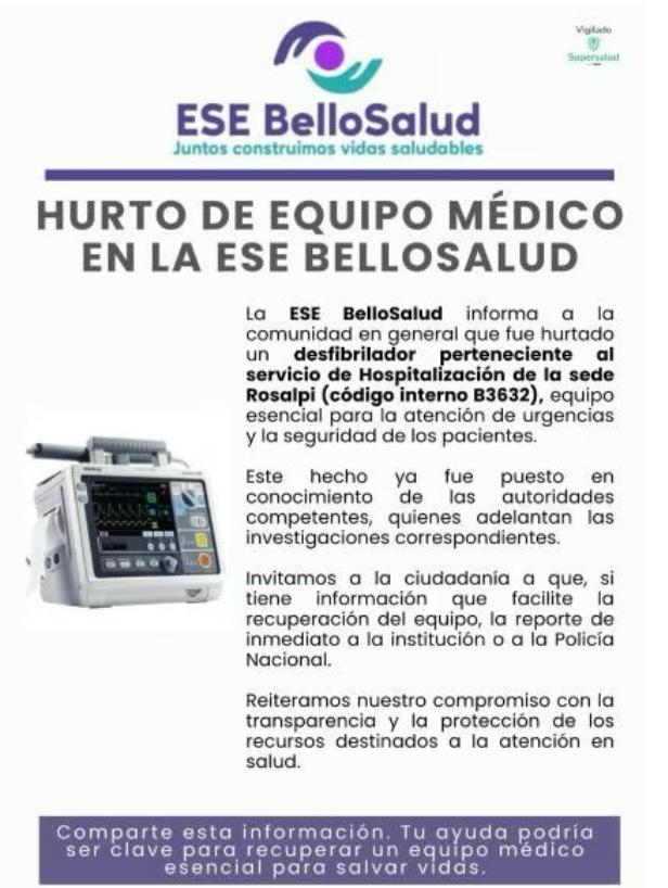 Ladrones roban equipo de reanimación cardíaca valorado en $30 millones de la ESE en Bello