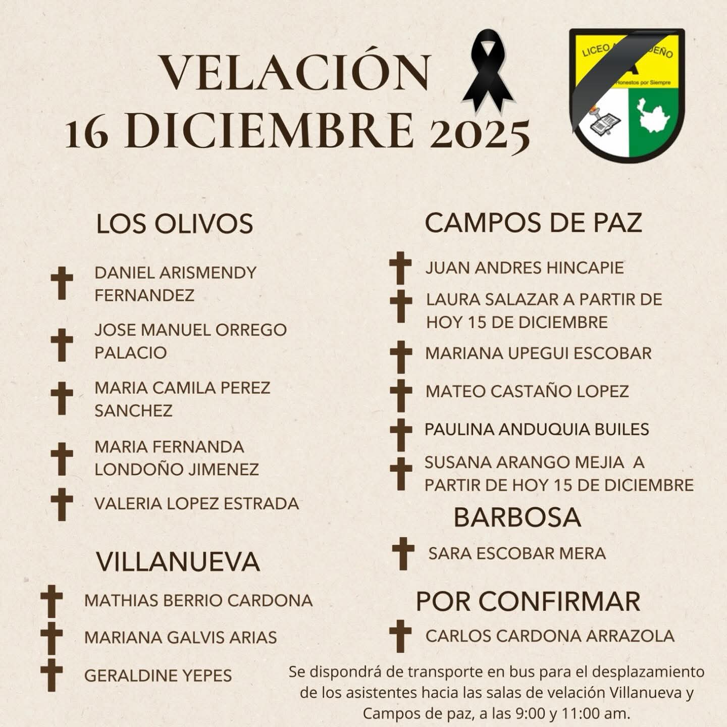 Lista de personas muertas y donde se va realizar velados en Medellín y Bello