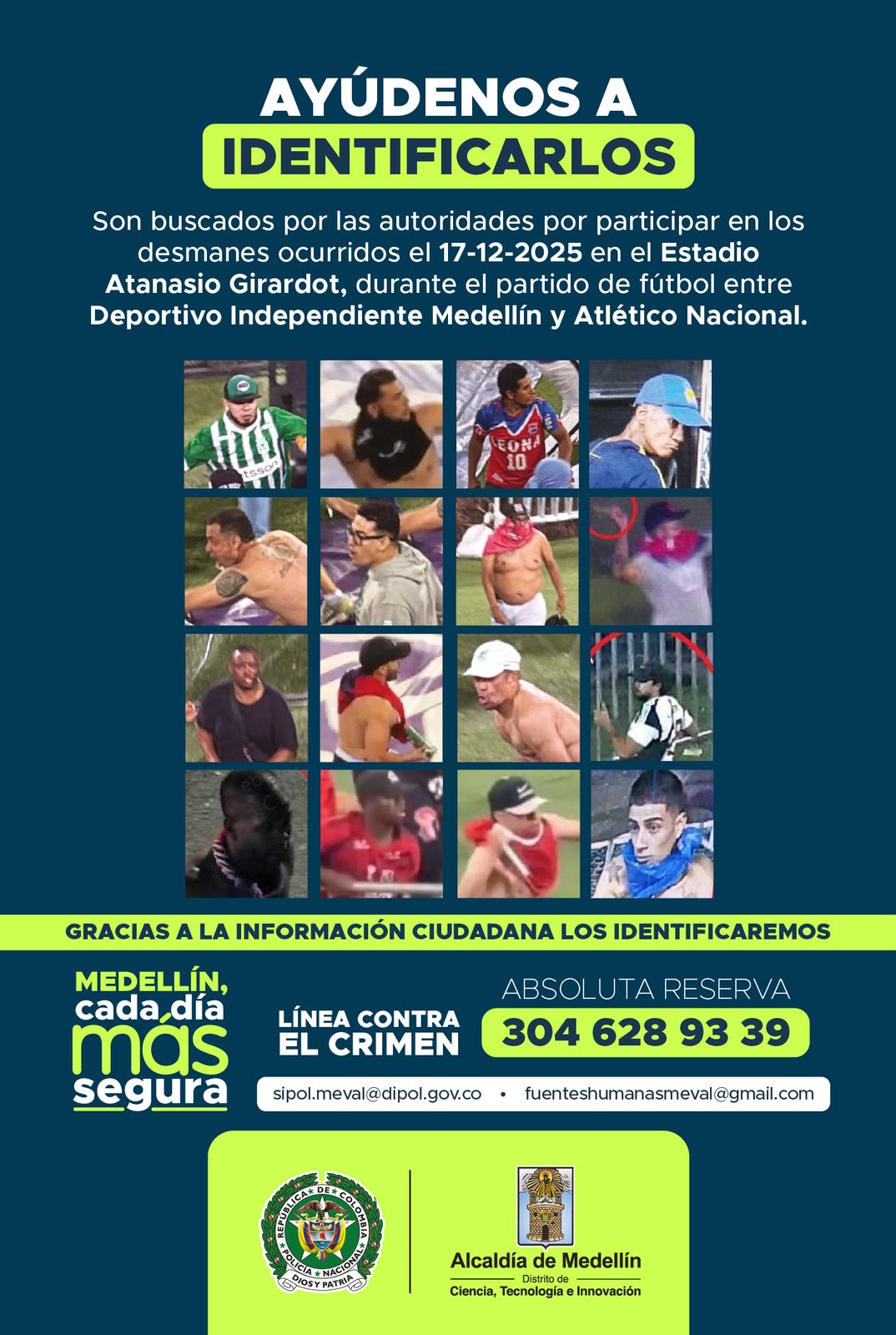 Cartel con las imágenes de las personas identificadas por las autoridades tras participar en los desmanes ocurridos en el estadio Atanasio Girardot durante la final de la Copa BetPlay.