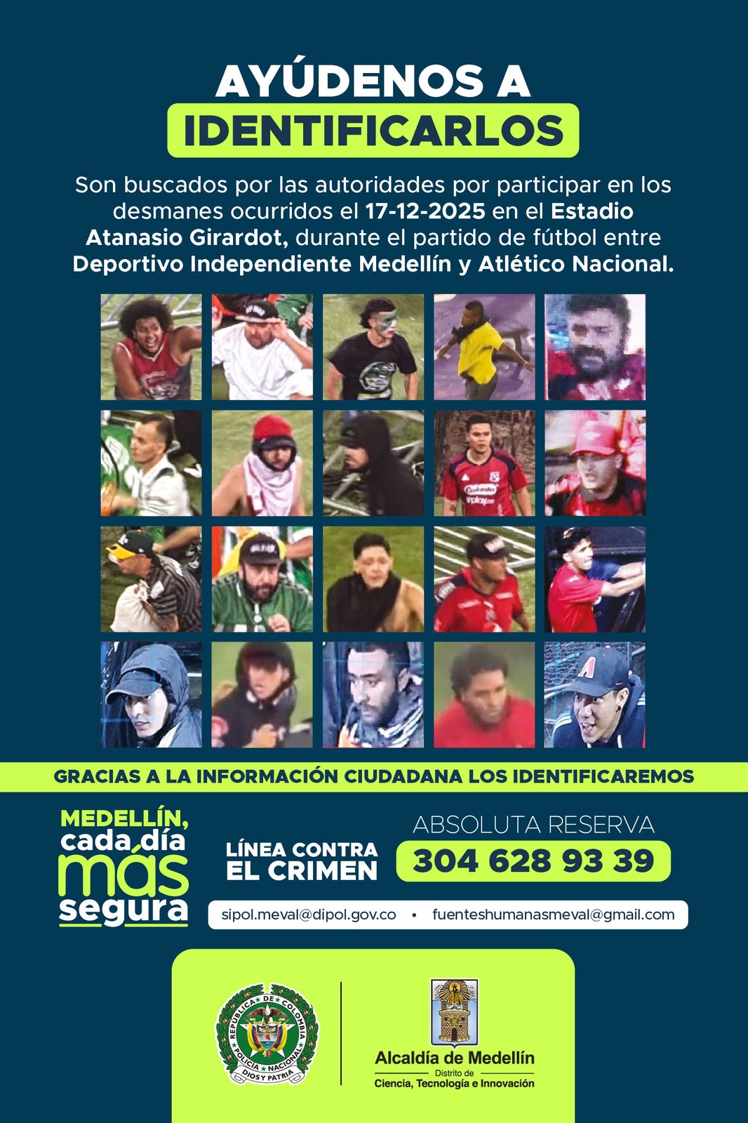 Cartel con las imágenes de las personas identificadas por las autoridades tras participar en los desmanes ocurridos en el estadio Atanasio Girardot durante la final de la Copa BetPlay.