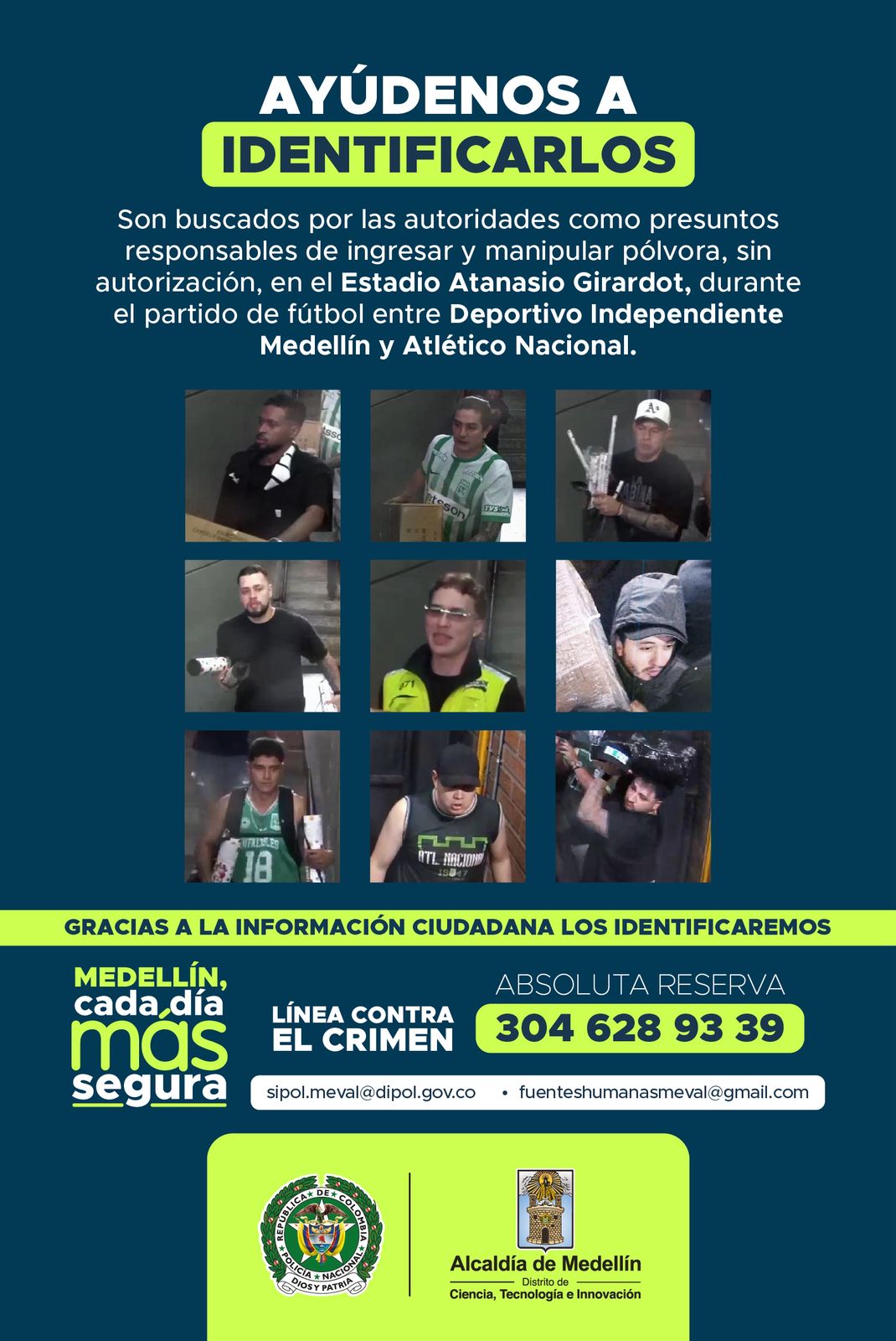 Cartel con las imágenes de las personas identificadas por las autoridades tras participar en los desmanes ocurridos en el estadio Atanasio Girardot durante la final de la Copa BetPlay.