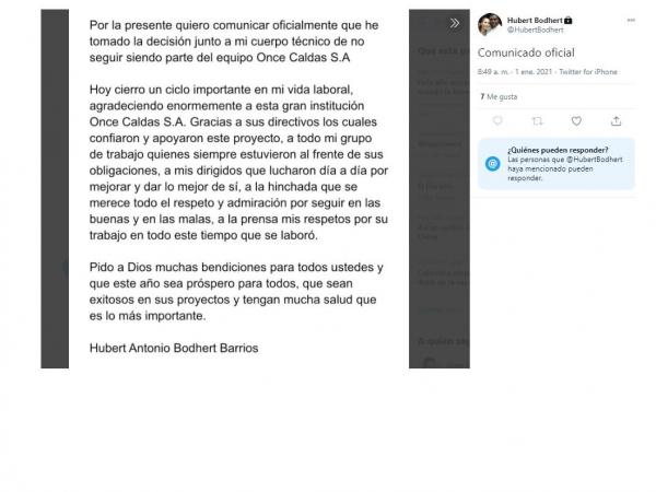 Hubert Bodhert renunció al Once Caldas