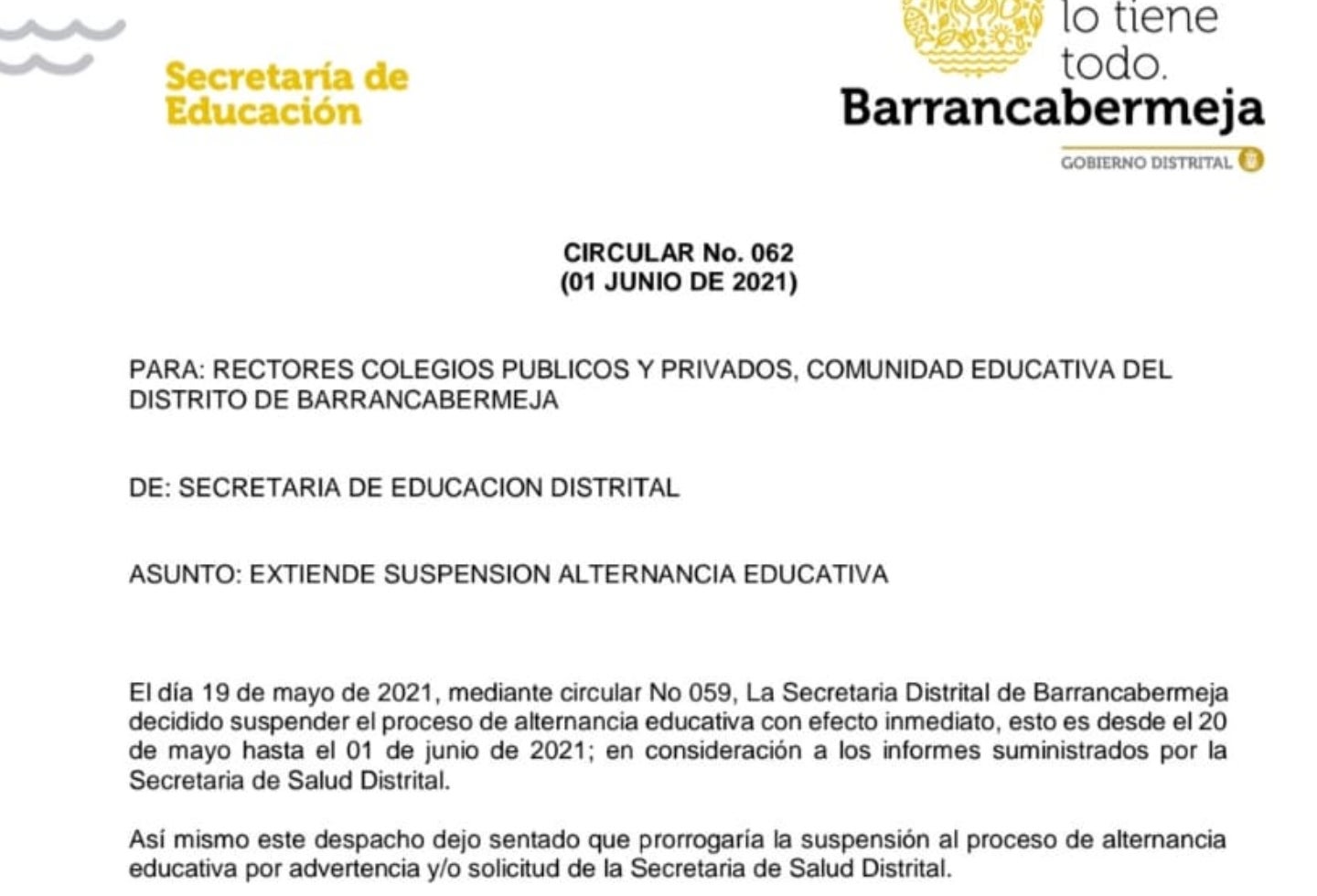 Se prorroga la suspensión de clases presenciales en colegios oficiales y no oficiales de Barrancabermeja
