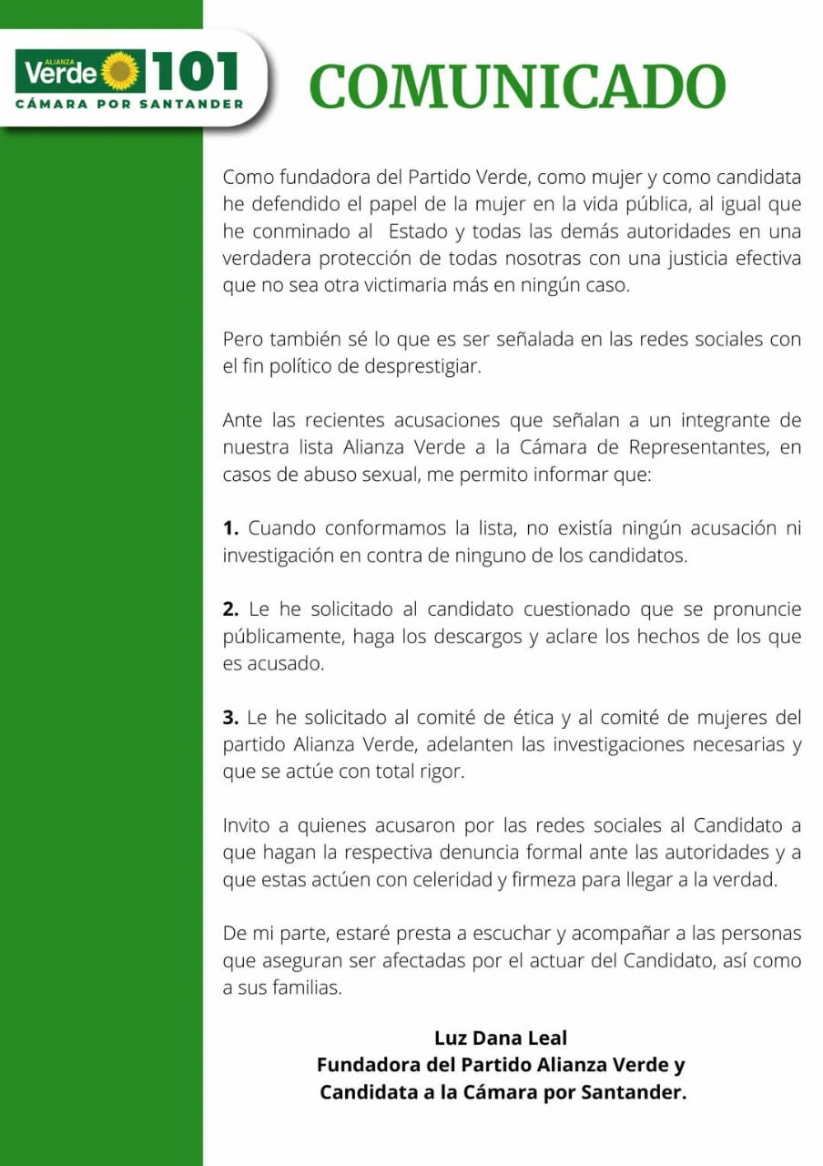 La directiva del Partido Alianza Verde en Santander aún no se ha pronunciado.