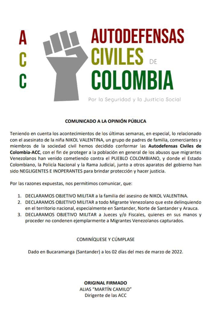 Planfleto de amenazas Autodefensas Civiles de Colombia Santander