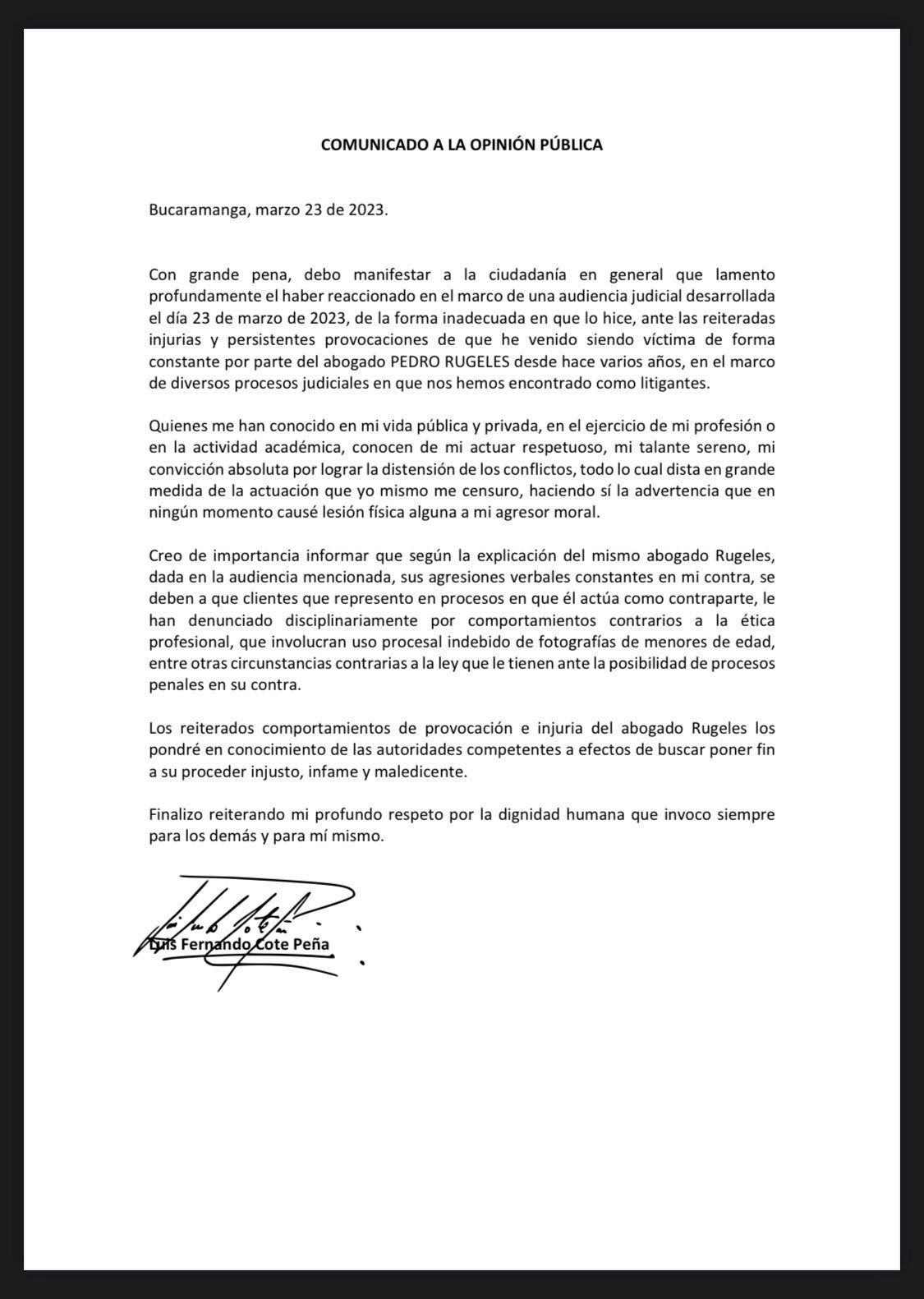 Comunicado Luis Fernando Cote