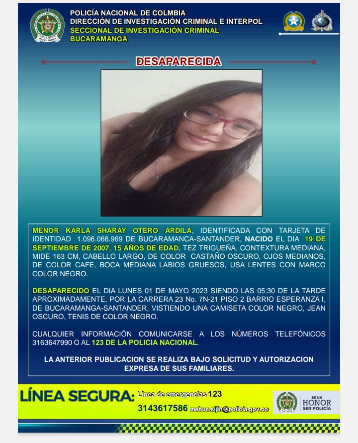 Menor de edad desaparecida en Bucaramanga